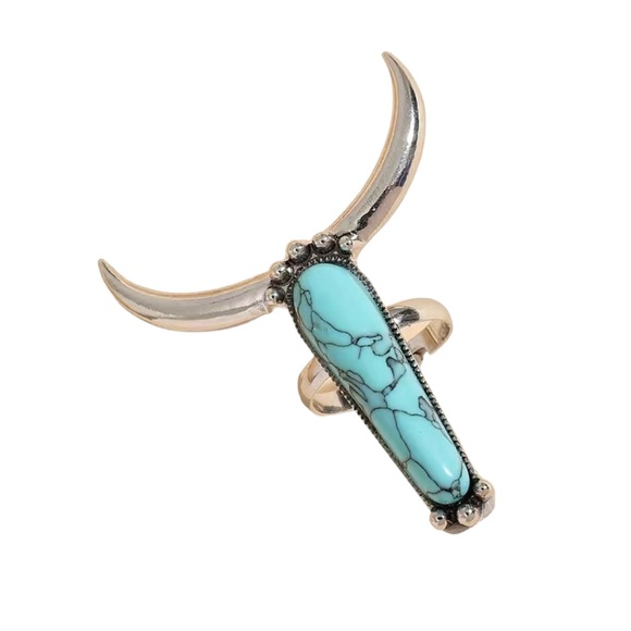 Western Style Exaggerated Bullhead Silver and Turquoise Ring - Picture 5 of 5